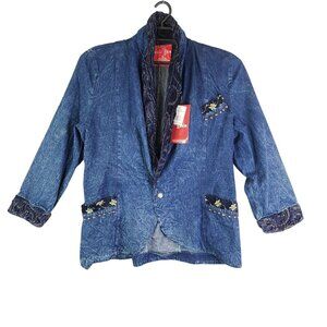 Women Blue Rustic Denim One Button Blazer Corset Back Long Sleeve Size XL